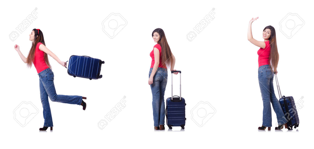 白で隔離のスーツケースでかわいい女の子 の写真素材 画像素材 Image