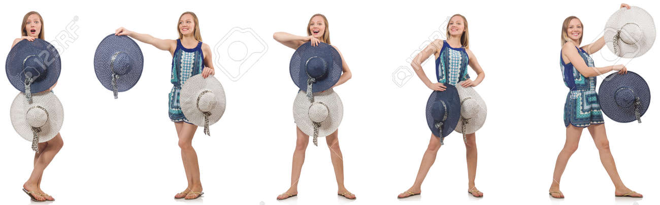 Collage of woman with panama hat isolated on white - 77679812 Collage of woman with panama hat isolated on white - 77679812