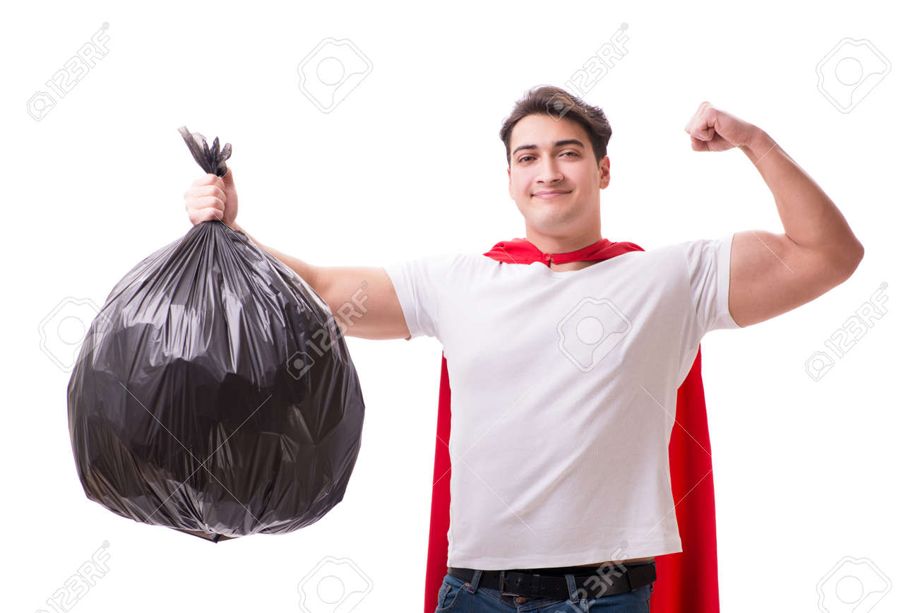 El Hombre Con El Saco De La Basura Aislado En Blanco Foto de El Hombre Con El Saco De La Basura Aislado En Blanco Foto de