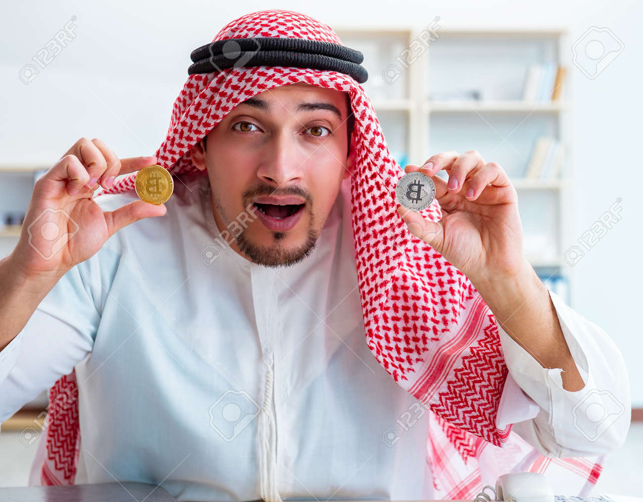 Arab Man With Bitcoin In Cryptocurrency Mining Concept Stock Photo Picture And Royalty Free Image Image 133375720