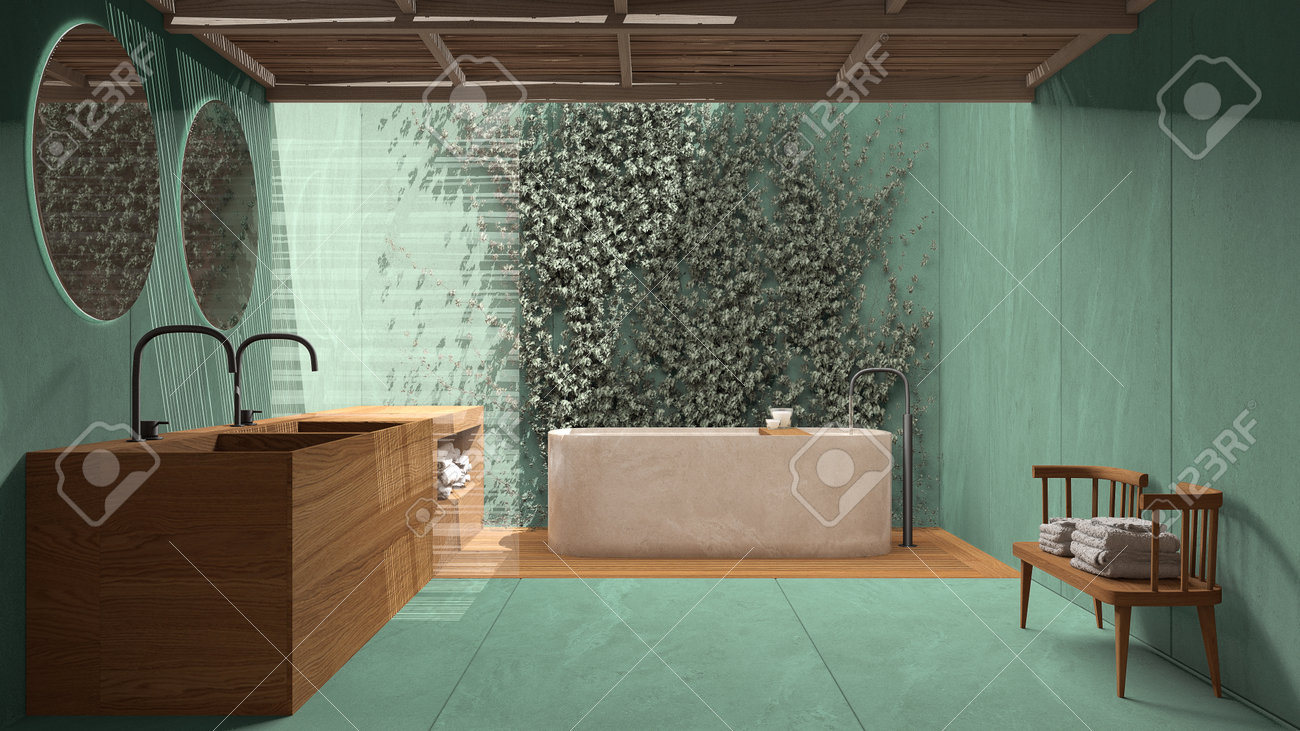 Minimalist Bathroom In Turquoise Tones, Japanese Zen Style, Exterior Eco  Garden With Ivy, Limestone Walls And Wooden Floor, Bamboo Ceiling. Bathtub  And Washbasin. Interior Design Idea Stock Photo, Picture and Royalty Free, image size:1300x731