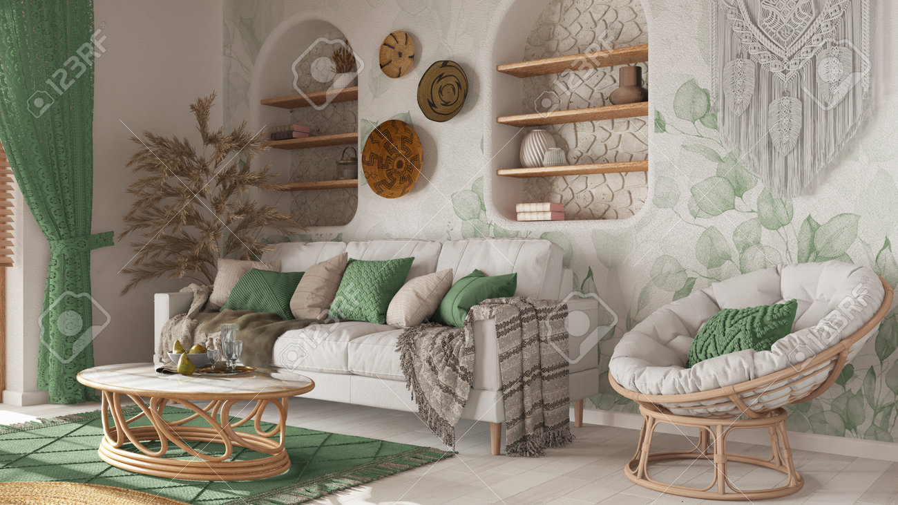 Wooden Living Room In Boho Style With Wallpaper And Parquet. Sofa, Jute  Carpet And Rattan Armchair And Table In White And Green Tones. Bohemian  Interior Design Stock Photo, Picture and Royalty Free, image size:1300x731