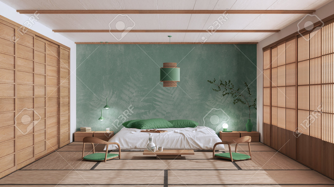 Minimalist Bedroom In White And Green Tones, Japanese Style. Double Bed,  Tatami Mats, Meditation Zen Space. Japandi Interior Design Stock Photo,  Picture and Royalty Free Image. Image 193137394., image size:1300x731