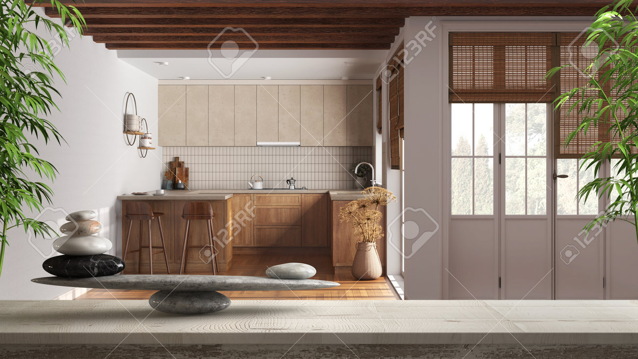 Wooden Vintage Table Or Shelf With Stone Balance, Over Japandi Kitchen With  Dining Room, Feng Shui, Zen Concept Architecture Interior Design Stock  Photo, Picture and Royalty Free Image. Image 198923760., image size:1300x731