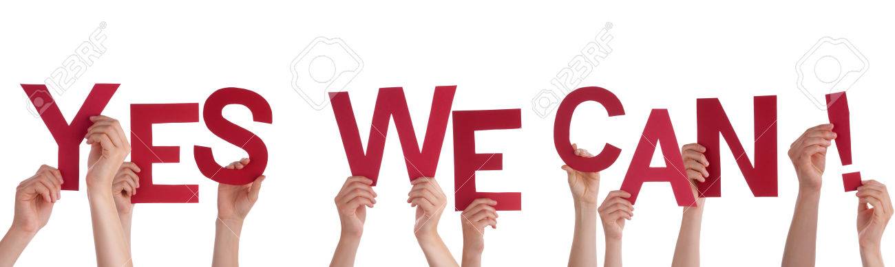 many hands holding the words yes we can isolated stock photo