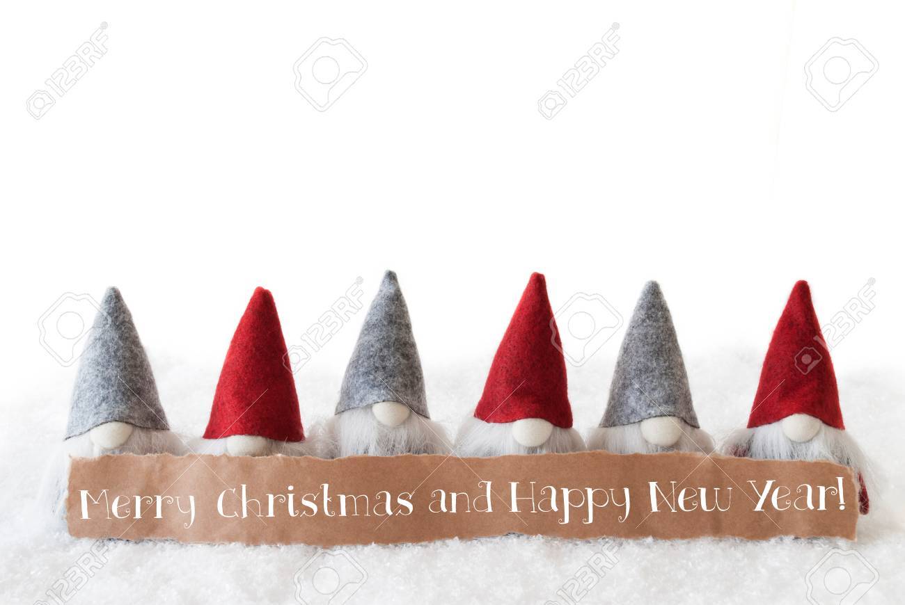 Tiquette Avec Texte Anglais Joyeux Noel Et Bonne Annee Carte De Voeux De Noel Avec Des Gnomes Fond Blanc Isole Avec De La Neige Banque D Images Et Photos Libres De Droits Image