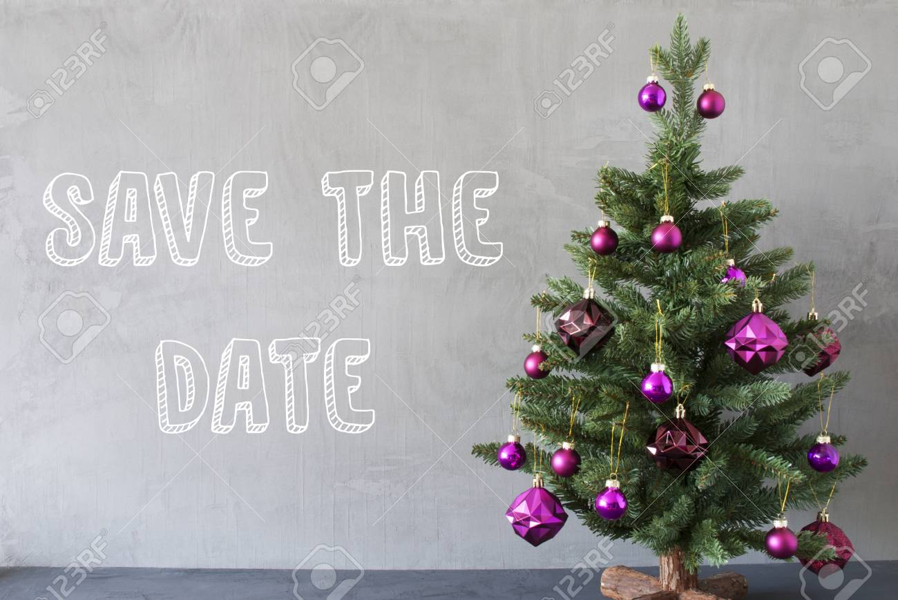 english text save the date christmas tree with purple christmas