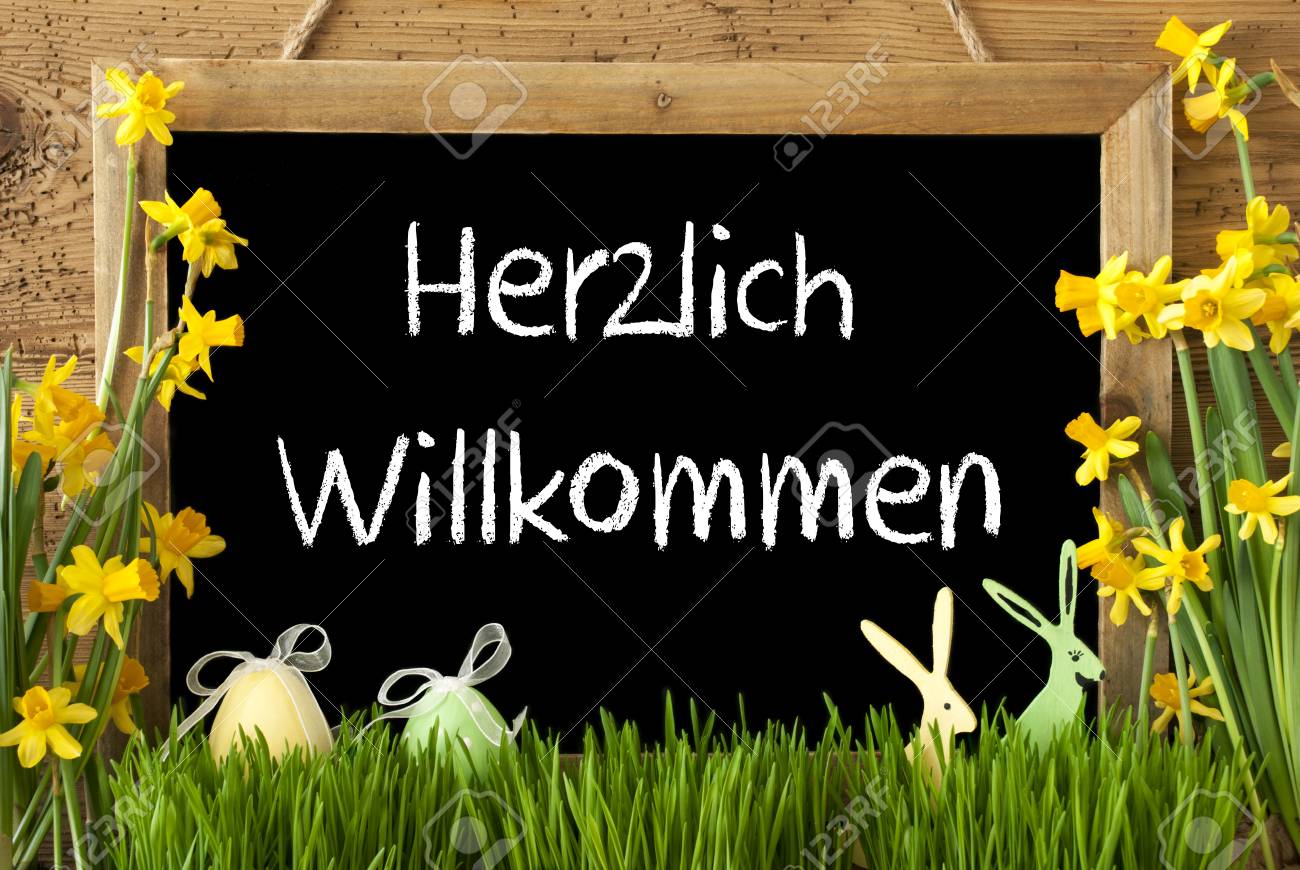 ドイツ語のテキスト Herzlich 森ようこそ意味歓迎黒板 春の花 Nacissus または草 イースターエッグとウサギと水仙 素朴な木製の背景を高齢者 Stock Photo Picture And Royalty Free Image Image