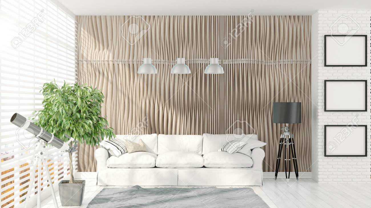 Schöne Moderne Interieur Mit Sofa Und Pflanzen. 3D-Rendering ... Schöne Moderne Interieur Mit Sofa Und Pflanzen. 3D-Rendering ...