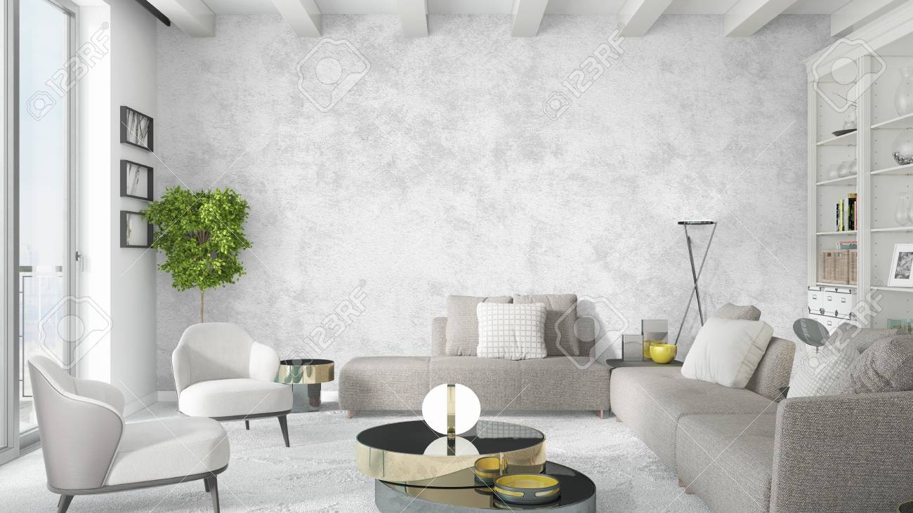 Schöne Moderne Wohnzimmer Interieur Mit Sofa. 3D-Rendering ... Schöne Moderne Wohnzimmer Interieur Mit Sofa. 3D-Rendering ...