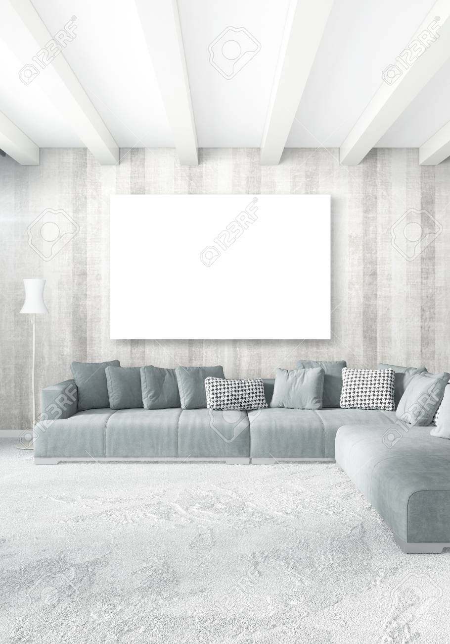 Stock photo white bedroom or livingroom minimal style interior design with stylish wall and sofa 3d rendering conept of show room