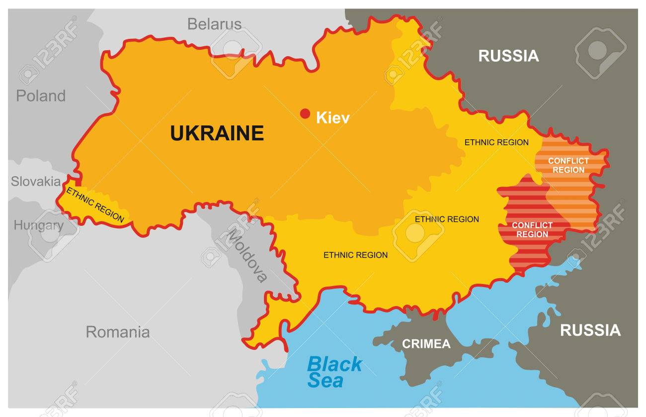 a divided ukraine map of the conflict region and the ethnic regions stock vector