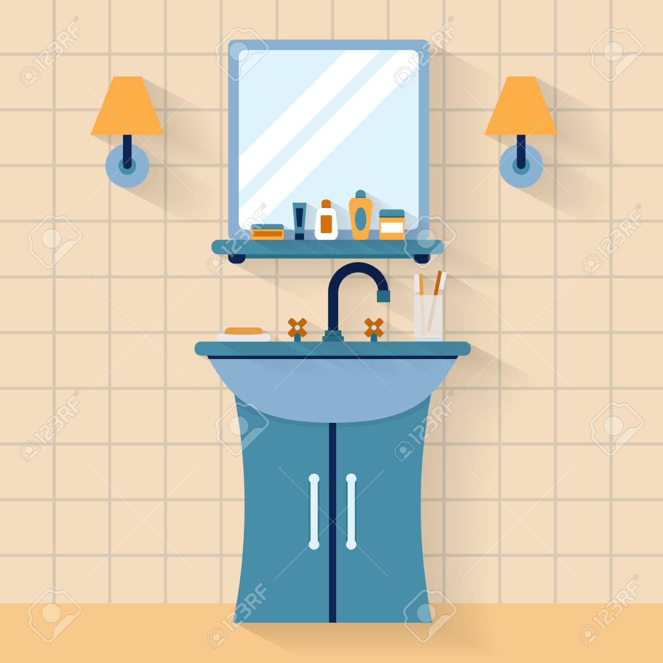 Bathroom Sink And Mirror bathroom sink with mirror. flat style vector illustration. royalty Bathroom Sink And Mirror bathroom sink with mirror. flat style vector illustration. royalty