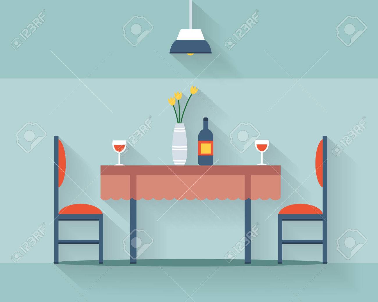 Dining table for date with glasses of wine, flowers and chairs. Flat style vector illustration. - 41456930 Dining table for date with glasses of wine, flowers and chairs. Flat style vector illustration. - 41456930