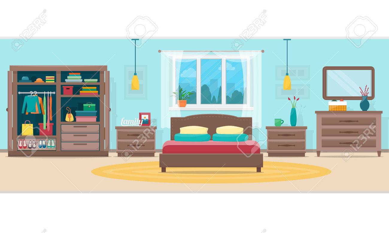 Bedroom with furniture and window. Wardrobe with clothes and mirror. Flat style vector illustration. - 52617183 Bedroom with furniture and window. Wardrobe with clothes and mirror. Flat style vector illustration. - 52617183