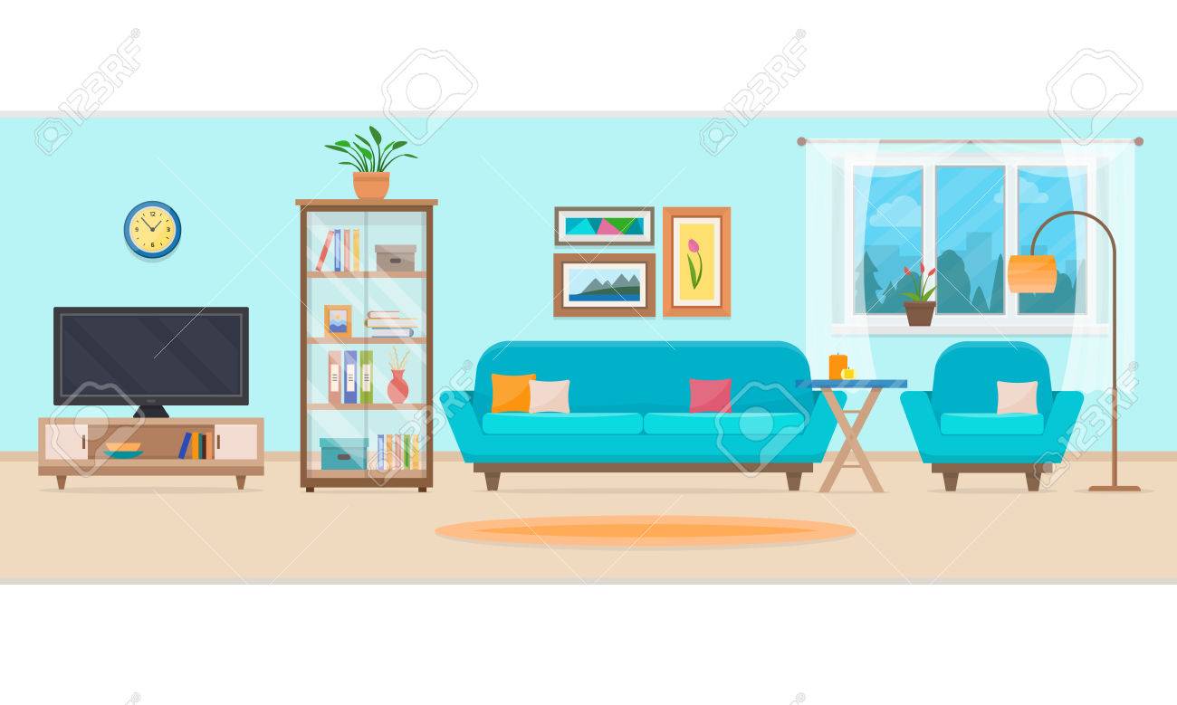 Living room with furniture. Cozy interior with sofa and tv. Flat style vector illustration. - 60323621 Living room with furniture. Cozy interior with sofa and tv. Flat style vector illustration. - 60323621
