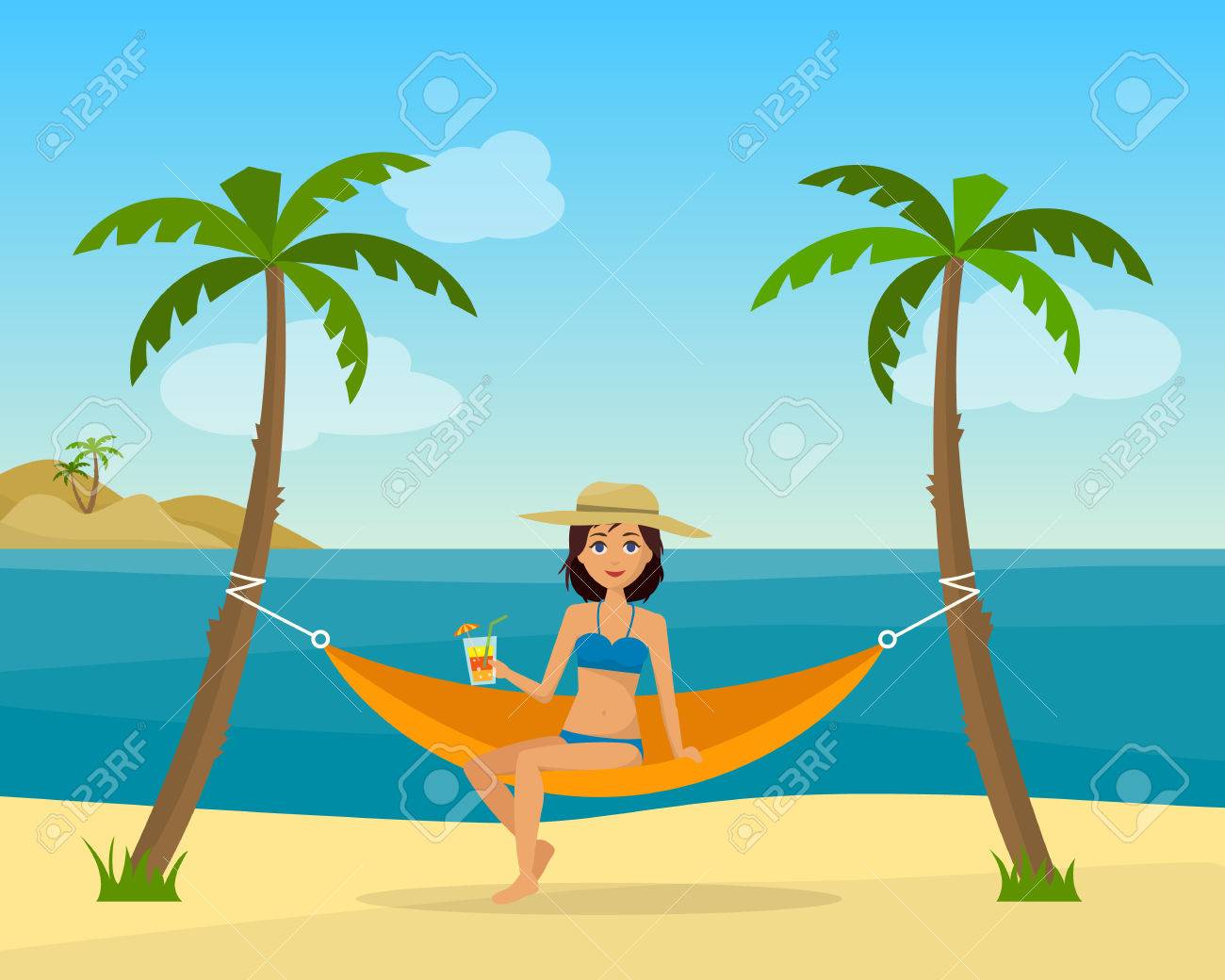 Girl In Swimsuit In Hammock With Palm Trees On Beach Tropical Royalty Free Cliparts Vectors And Stock Illustration Image 65709058