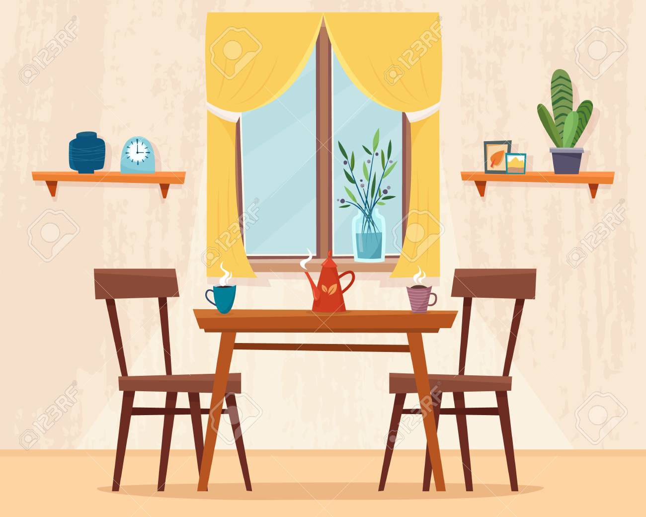 Dining Table In Kitchen With Chairs. Royalty Free SVG, Cliparts, Vectors,  and Stock Illustration. Image 97920252., image size:1300x1040