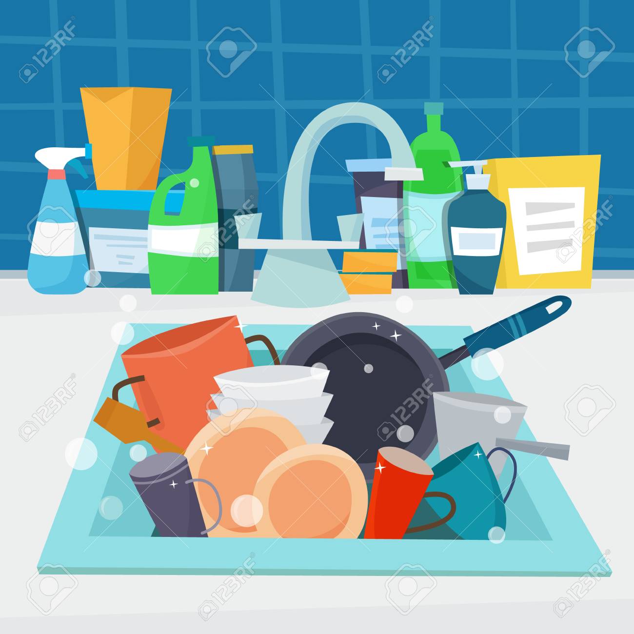 Kitchen Sink With Detergents. Flat Cartoon Style Vector Illustration.  免版税剪贴画，向量插图和库存图片. Image 126900860