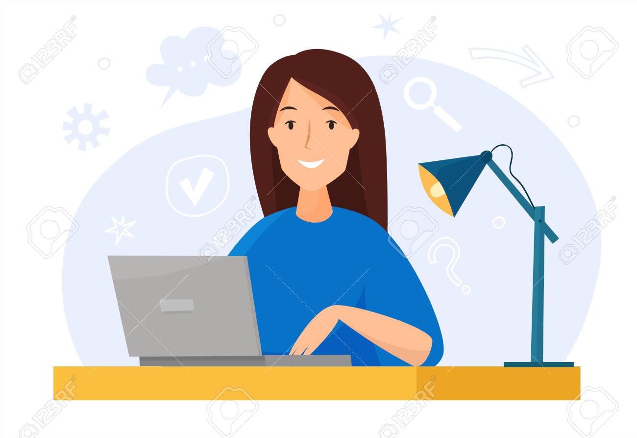 Woman Work At Computer In Office. Flat Cartoon . Vector Illustration  Royalty Free SVG, Cliparts, Vectors, and Stock Illustration. Image  154956094., image size:1300x893