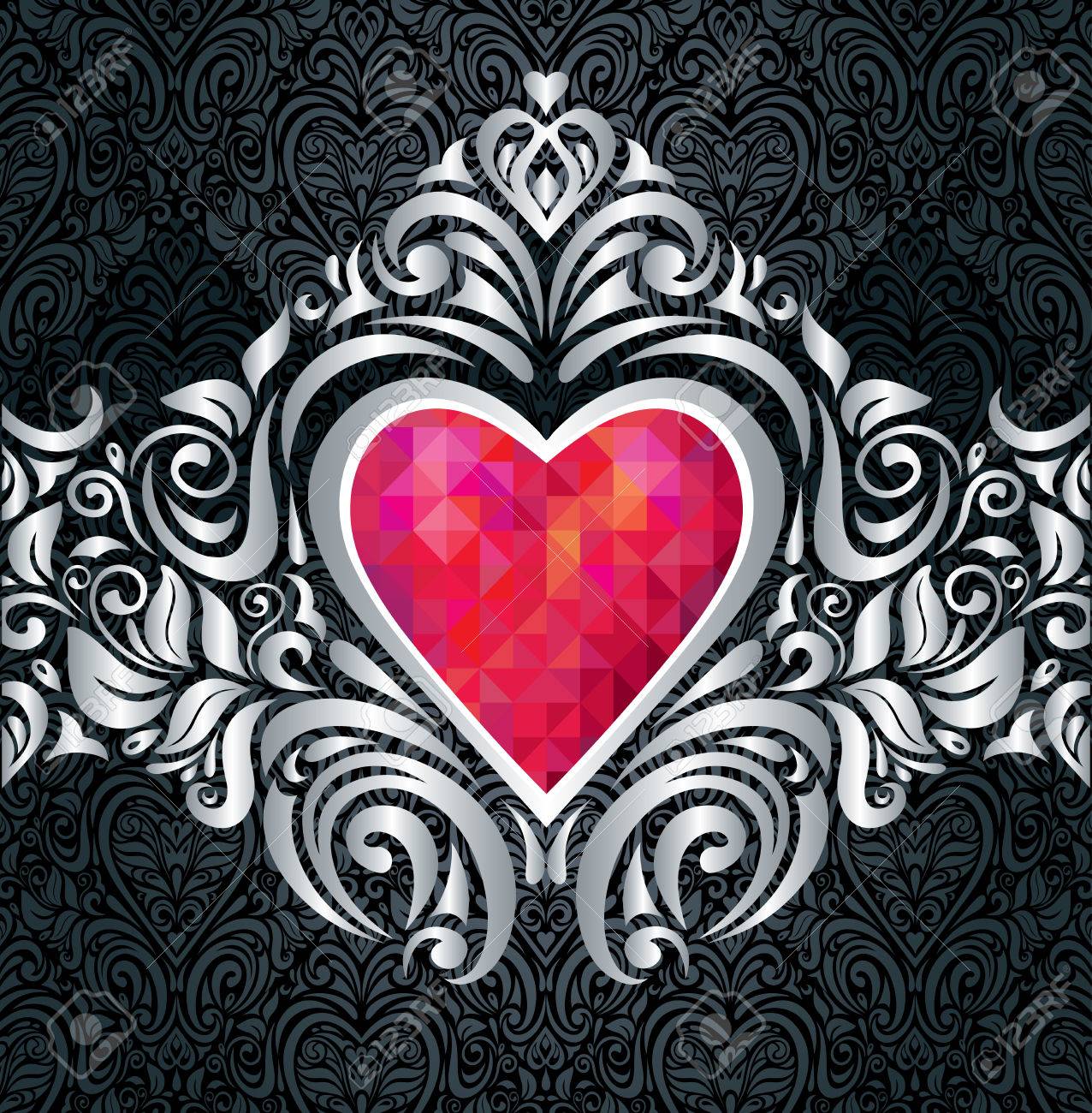 ハート型赤黒と銀のビンテージ招待状の背景のイラスト素材 ベクタ Image