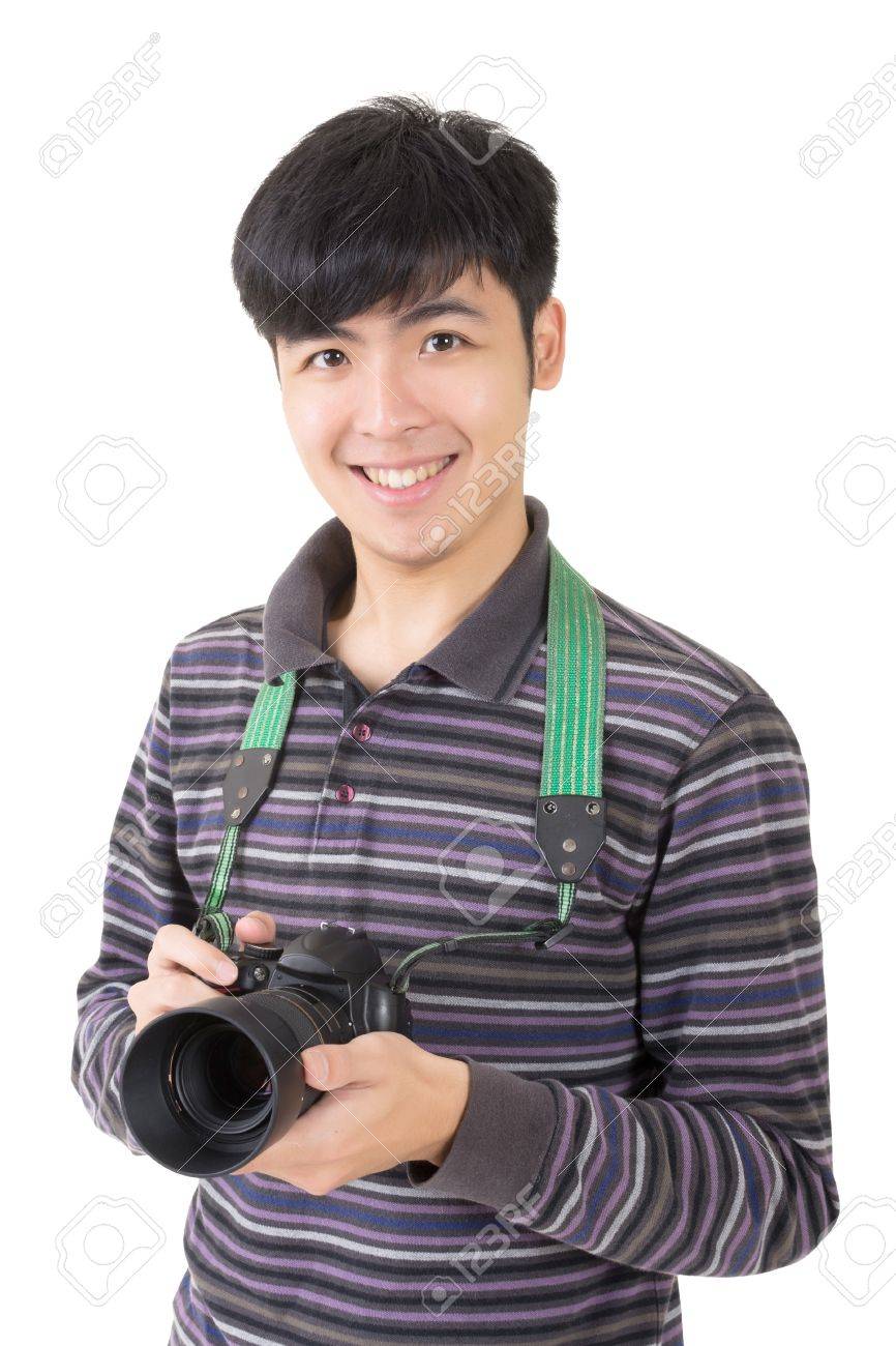 Stock Photo - Young amateur photographer of Asian hold a camera, closeup portrait on white background.