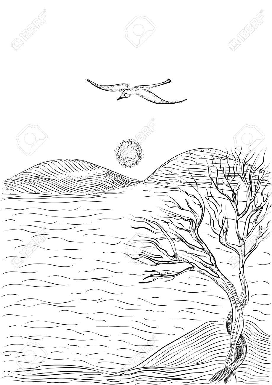 起伏のある海の海岸と飛ぶカモメのツリーのある風景します モノクロの手書きインク アート落書きスタイル ペンで描かれたスケッチ のイラスト素材 ベクタ Image