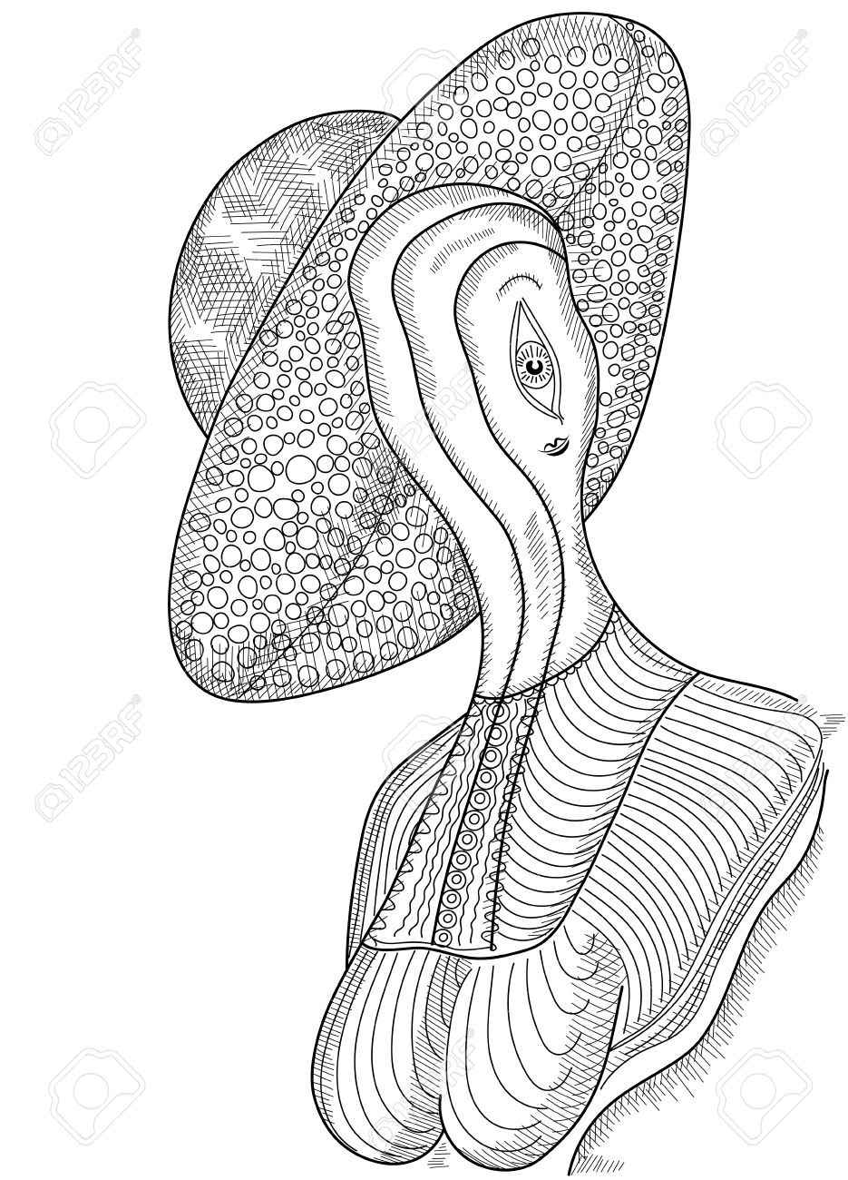 Surreal hand drawing woman in a hat. Abstract graphic monochrome design on a white, can use for posters cards, stickers, illustrations, as decorative element. - 54016032 Surreal hand drawing woman in a hat. Abstract graphic monochrome design on a white, can use for posters cards, stickers, illustrations, as decorative element. - 54016032