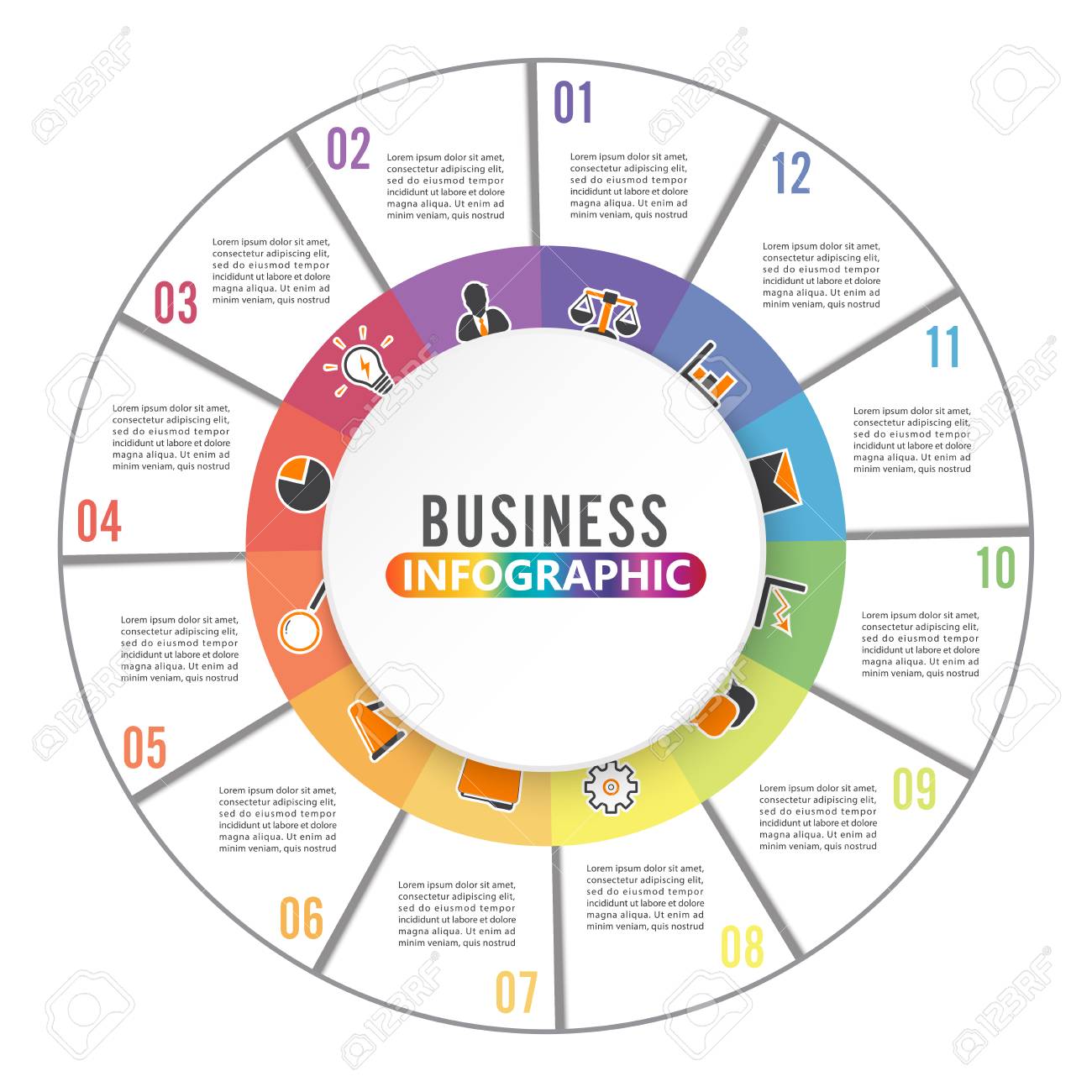 circle chart infographic template with 12 options for presentations