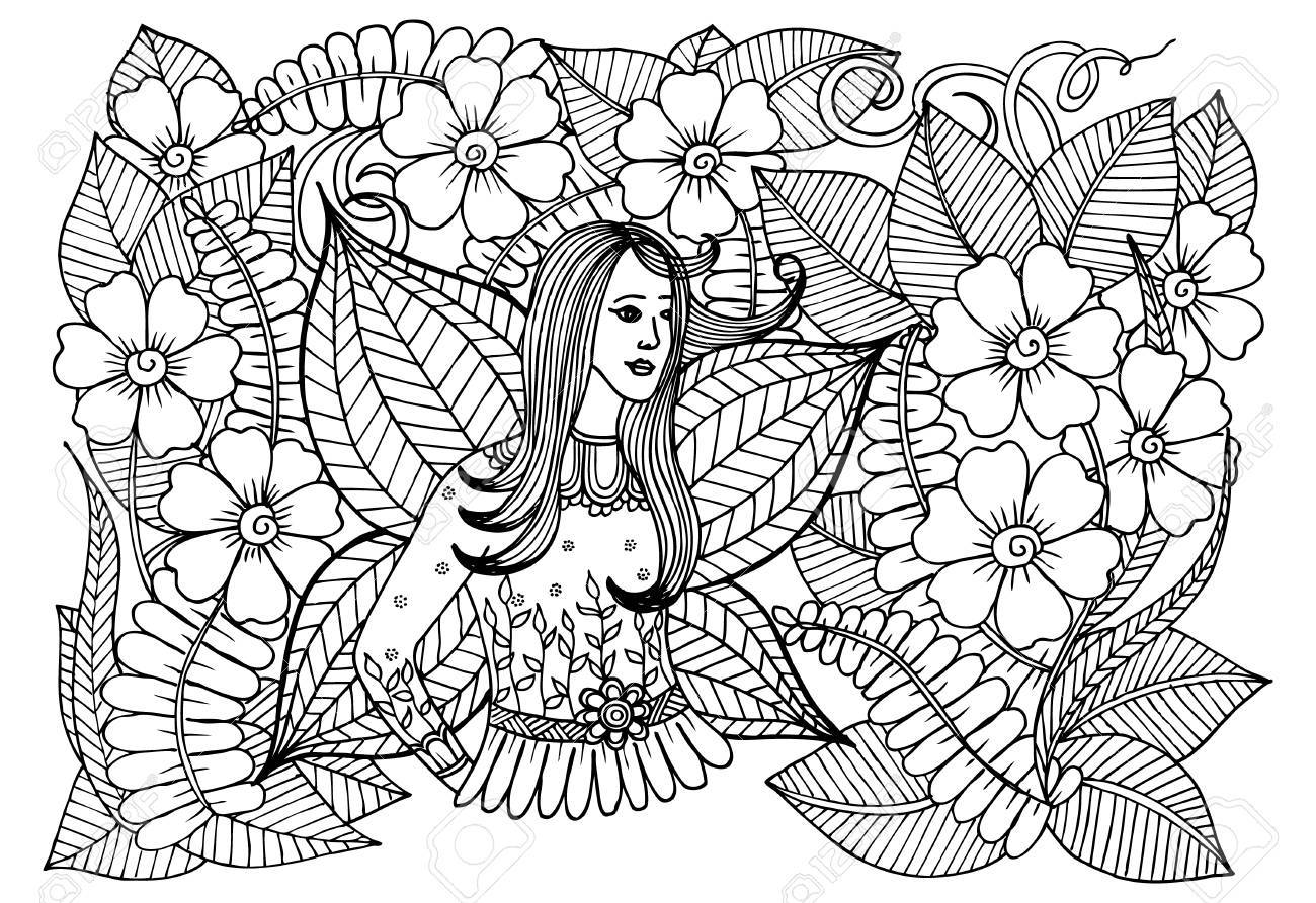 ベクターの花の落書きと大人の塗り絵の黒と白の女の子のイラスト素材 ベクタ Image ベクターの花の落書きと大人の塗り絵の黒と白の女の子のイラスト素材 ベクタ Image
