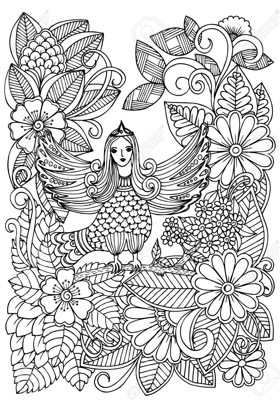 大人の塗り絵の黒と白のフォレストと魔法の鳥のイラスト素材 ベクタ Image 71988889