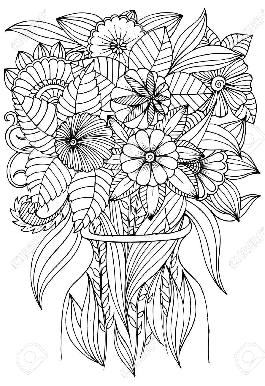 Flowers In Vase For Art Therapy Coloring Book. Royalty Free - Flowers In Vase For Art Therapy Coloring Book. Royalty Free