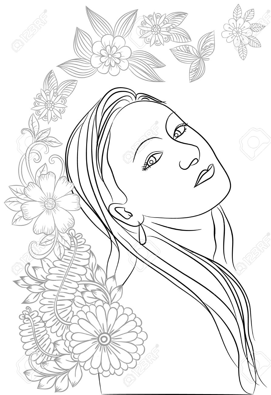 大人の塗り絵の黒と白の花の美しい顔と落書き のイラスト素材 ベクタ Image