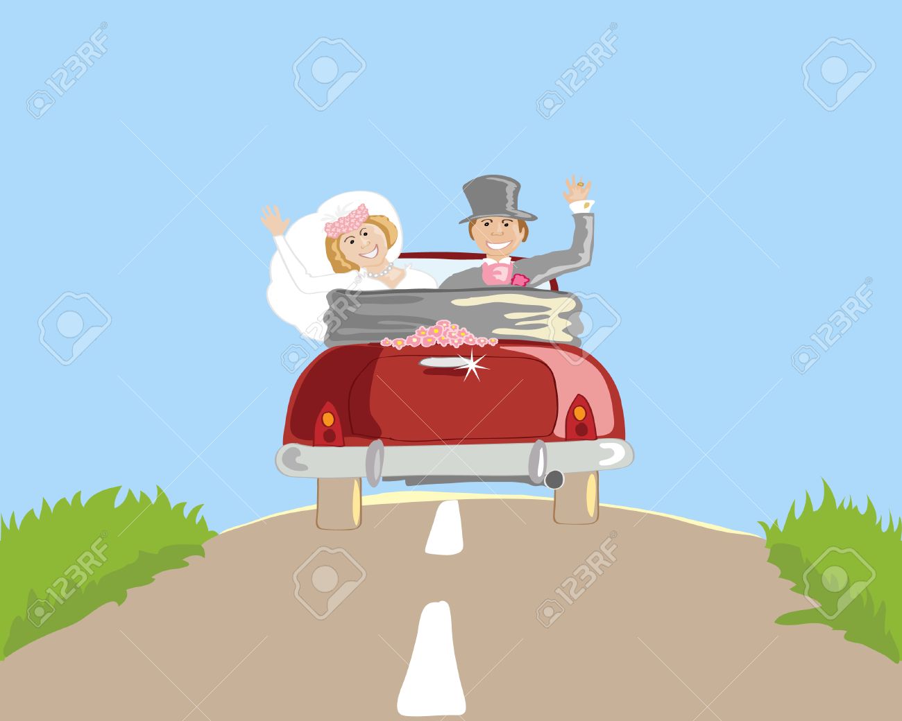 手起こっている光沢のある赤い車で新婚旅行新婚夫婦の結婚式の車のイラストを描画のイラスト素材 ベクタ Image