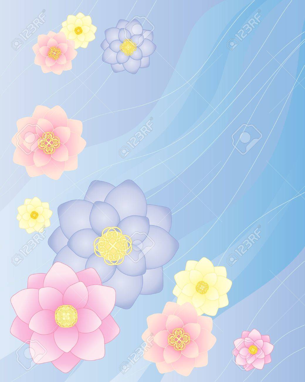 流れる水の背景にカラフルな蓮の花のイラスト のイラスト素材 ベクタ Image