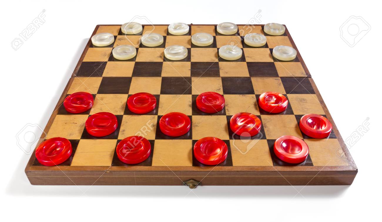 Viejo Tablero De Ajedrez Sobre Un Fondo Blanco Con Piezas