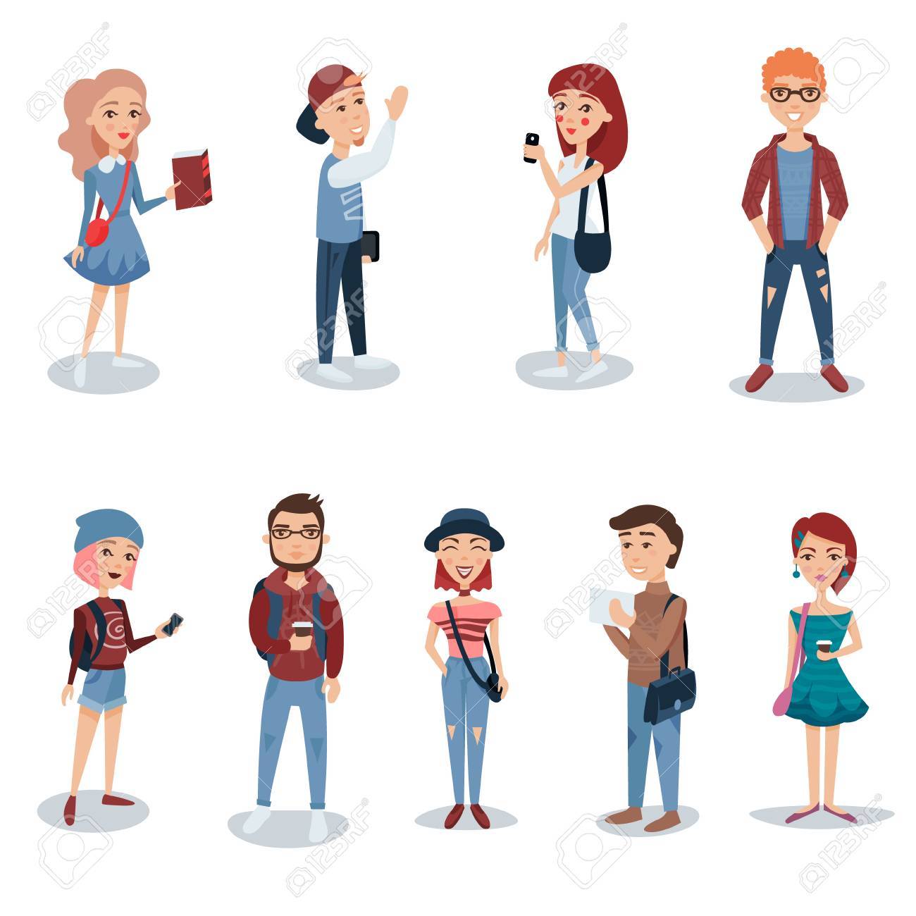 セットに立っているカジュアルな服装の若者 学生本 電話 バックパックの文字ベクトル イラスト のイラスト素材 ベクタ Image