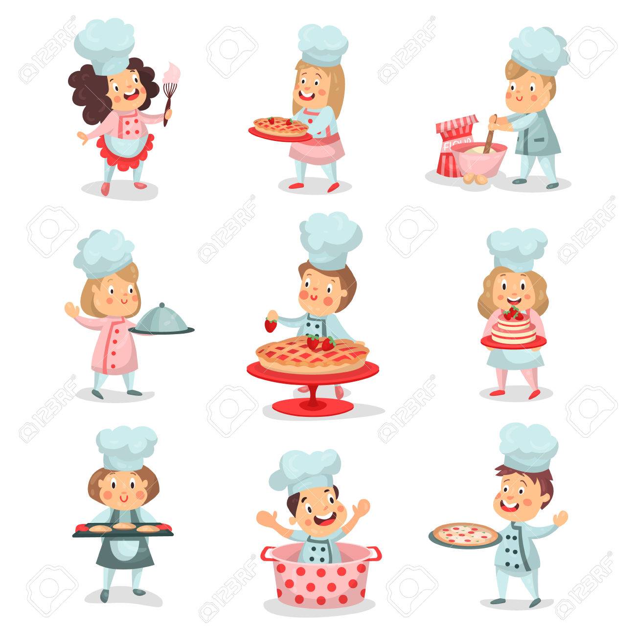Conjunto, Poco, Cocinero, Jefe, Niños, Dibujos Animados Personaje de dibujos animados chef cocinero niño con olla gris