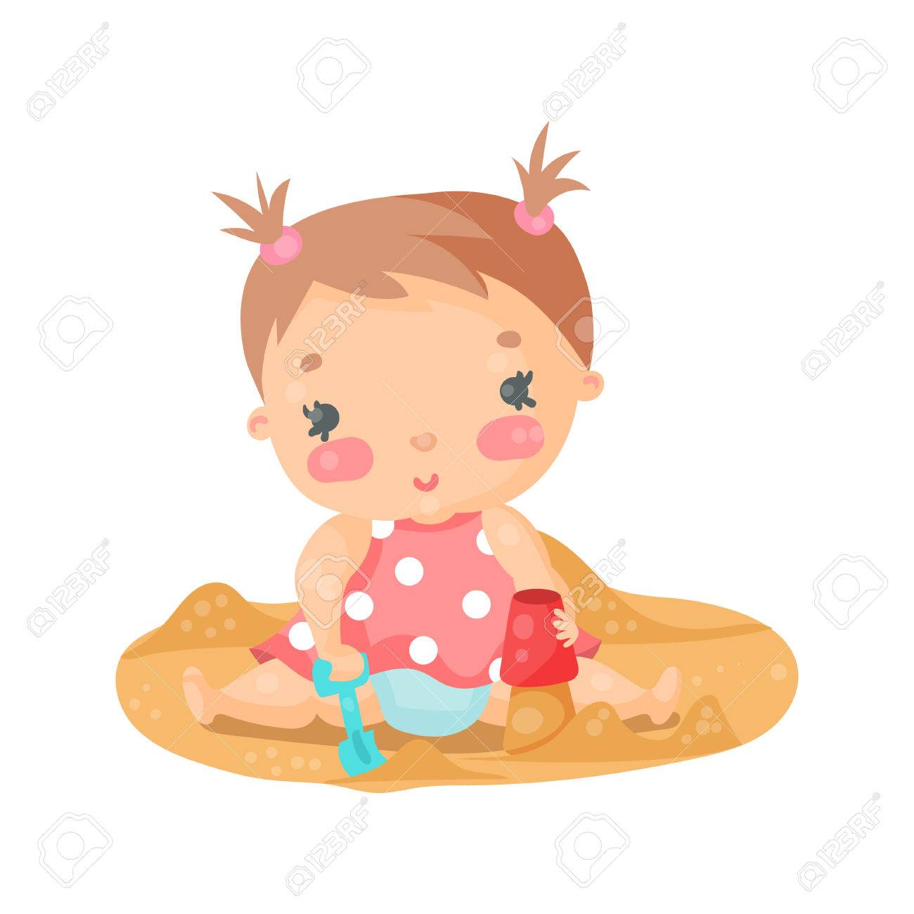砂のカラフルな文字ベクトル図と遊ぶかわいい漫画赤ちゃん女の子のイラスト素材 ベクタ Image
