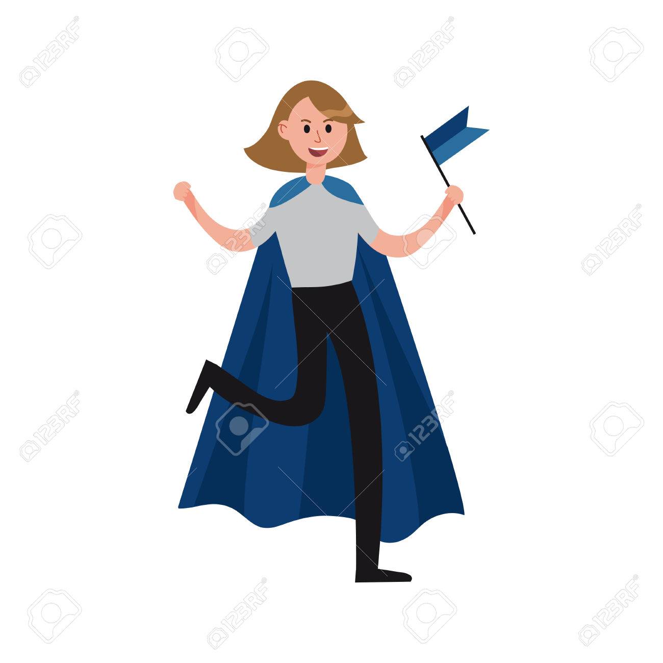 笑顔スポーツ ファン女の子の身に着けている青いケープ ブルーフラッグ漫画文字ベクトル図と彼女のチームをサポート のイラスト素材 ベクタ Image