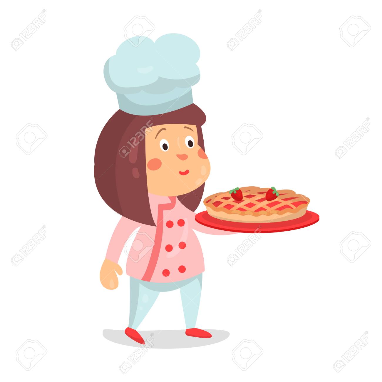 Cute Cartoon Little Girl Chef Character With Strawberry Pie Cake Vector  Illustration Royalty Free SVG, Cliparts, Vectors, and Stock Illustration.  Image 81962221., image size:1300x1300