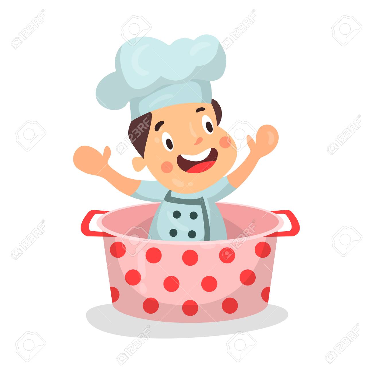 Lindo Personaje De Chef De Niño Pequeño De Dibujos Animados Personaje de dibujos animados chef cocinero niño con olla gris