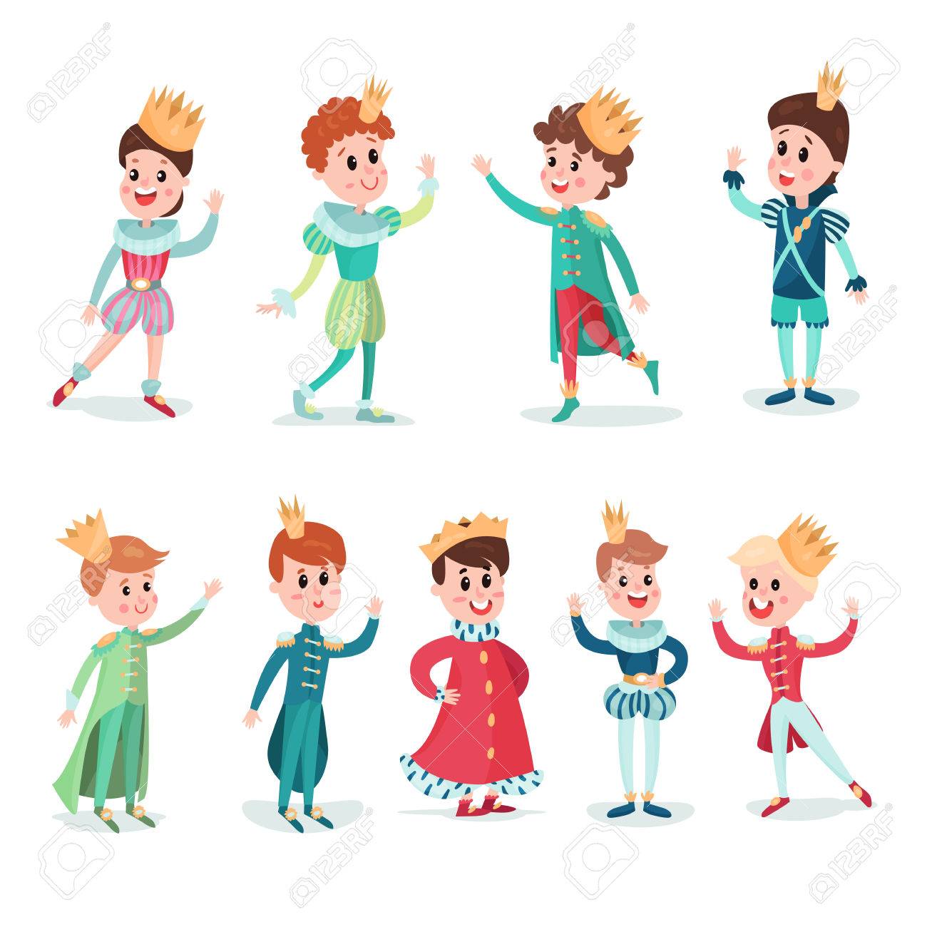 クラウンと王子様衣装で男の子 かわいい漫画のキャラクターは 背景が白にカラフルなベクトル イラストを設定します のイラスト素材 ベクタ Image