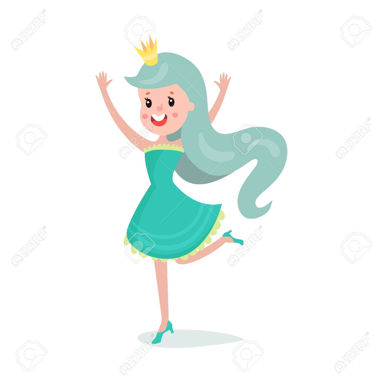 短いドレスと白い背景の上の王冠カラフルなベクトル図を身に着けている青緑色の髪を持つ美しい漫画のプリンセスの少女のキャラクターのイラスト素材 ベクタ Image