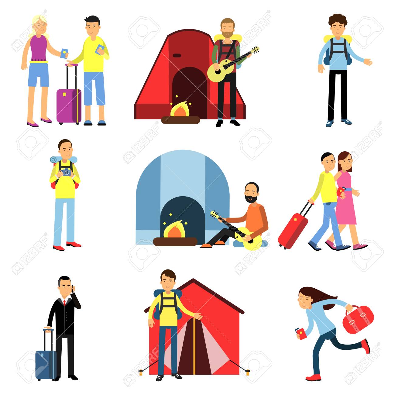 男性と女性の観光客文字セットを漫画します ギター ハイキング 家族での休暇 荷物を持つ人々 のキャンプのレクリエーションのイラスト素材 ベクタ Image