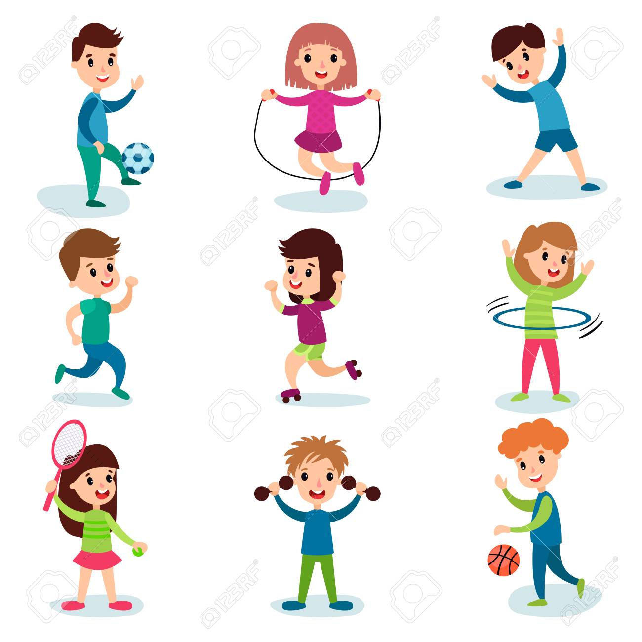 Smiling little kids characters doing different sports and playing sportive games, kids physical activity cartoon vector Illustrations - 90508871 Smiling little kids characters doing different sports and playing sportive games, kids physical activity cartoon vector Illustrations - 90508871