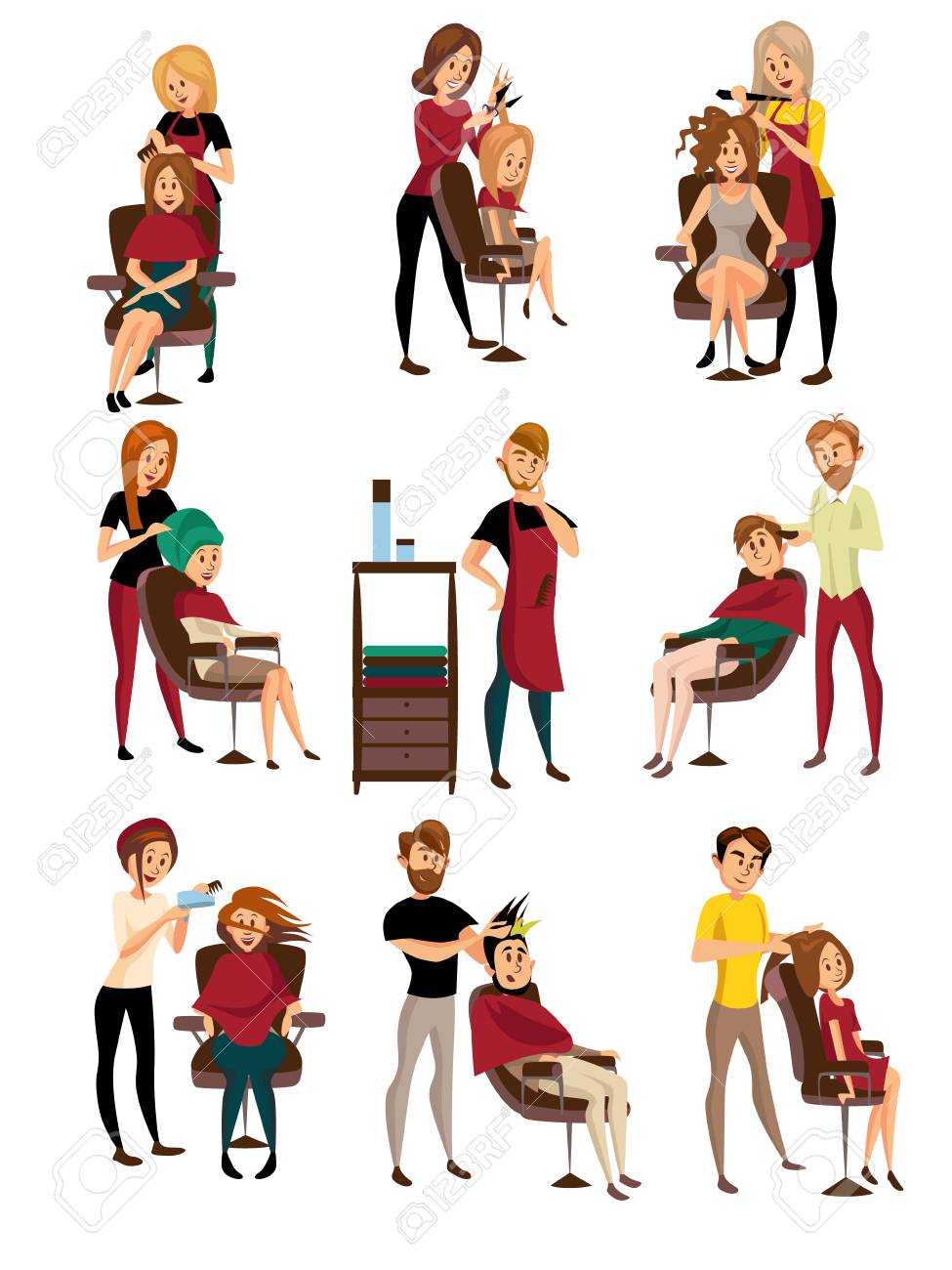 Different hairdressers serving clients set, man and woman in barbershop, hairdressing salon cartoon vector Illustrations - 91174594 Different hairdressers serving clients set, man and woman in barbershop, hairdressing salon cartoon vector Illustrations - 91174594