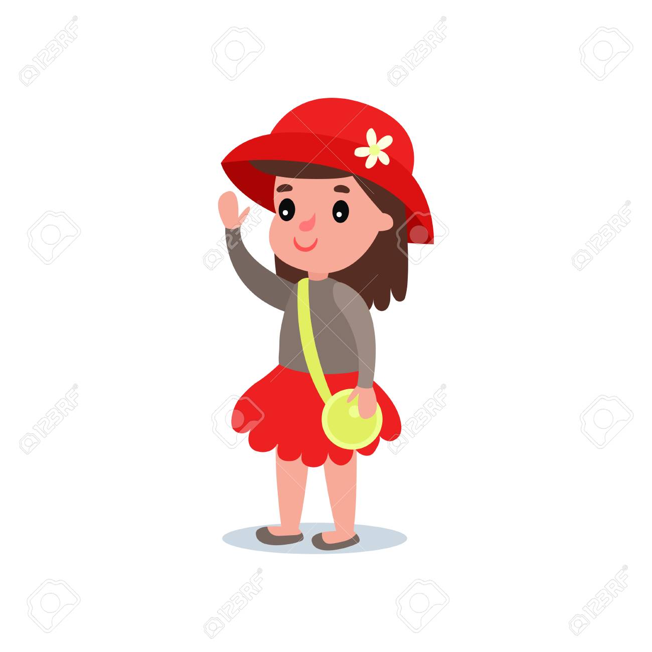 cartoon girl character in stylish red hat with flower skirt