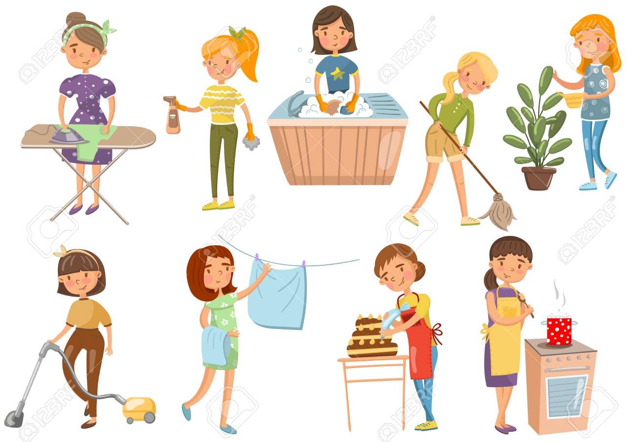 Jeune Femme Faire Different Travaux Menagers Femme Au Foyer Nettoyage Cuisine Lavage Repassage Cuisine Dessin Anime Vecteur Illustrations Sur A Fond Blanc Clip Art Libres De Droits Vecteurs Et Illustration Image 92721957