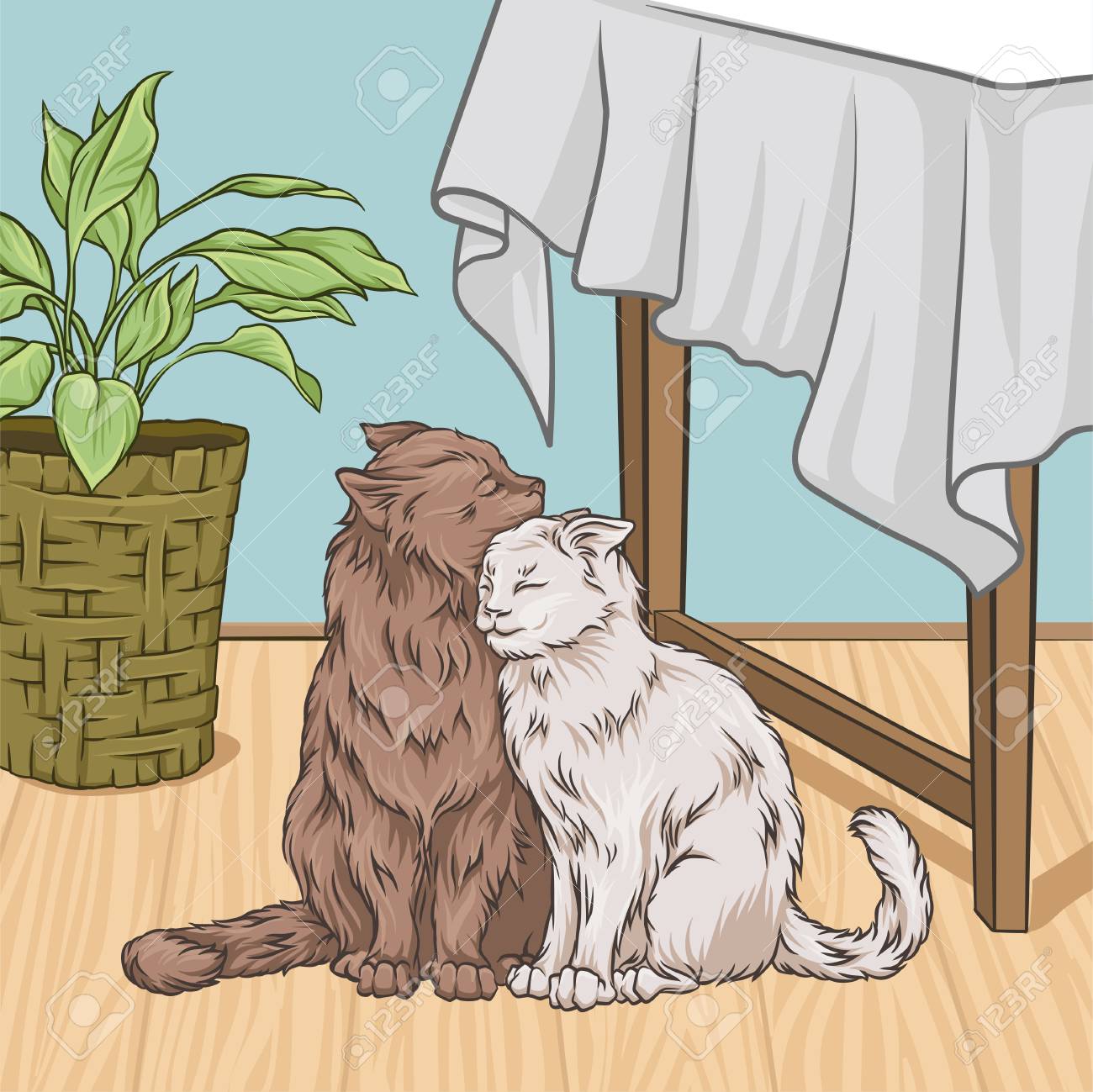 テーブルの横に座りながら抱き合う可愛い猫たち 部屋のインテリアヴィンテージスタイルのホームベクトルイラスト 手描きのデザイン要素 のイラスト素材 ベクタ Image